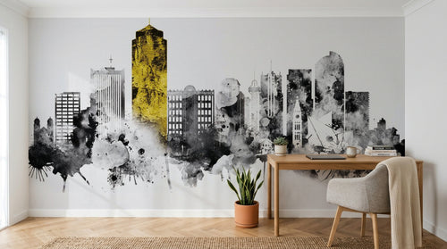 Design ZX0501 — Papier peint Skyline aquarelle eclaboussures noir jaune — Novomur