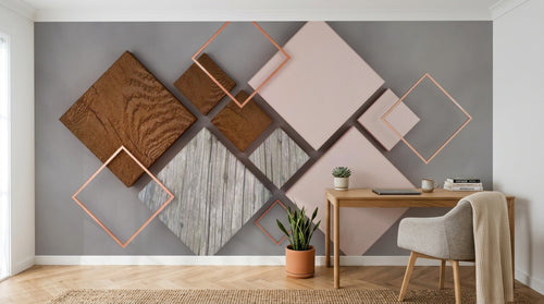 Design ZX0516 — Papier peint Carres bois marbre rose cuivre mid-century — Novomur