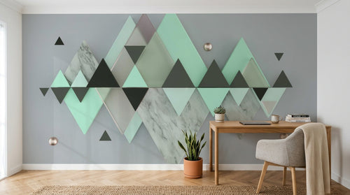 Design ZX0518 — Papier peint Triangles vert menthe marbre montagne — Novomur