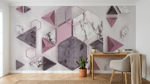 Design ZX0521 — Papier peint Hexagones triangles rose marbre — Novomur