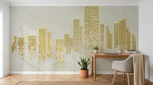 Design ZX0550 — Papier peint Skyline gratte-ciel dores mosaique luxe — Novomur