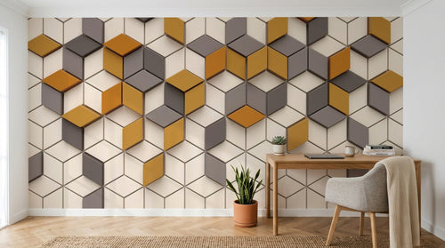 Design ZX0554 — Papier peint Hexagones jaune gris 3D mid-century — Novomur
