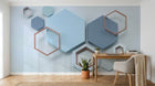 Design ZX0565 — Papier peint Hexagones bleu marbre cuivre fond blanc — Novomur