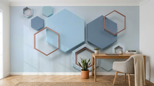 Design ZX0565 — Papier peint Hexagones bleu marbre cuivre fond blanc — Novomur