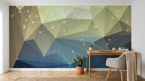 Design ZX0656 — Papier peint Polygones vert bleu constellation filante — Novomur