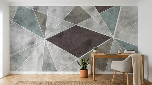 Design ZX0698 — Papier peint Triangles gris vert marron contour blanc — Novomur