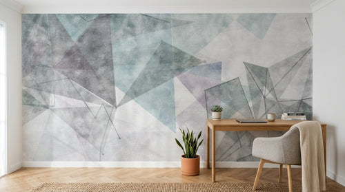 Design ZX0783 — Papier peint Triangles gris turquoise grunge filaires — Novomur