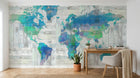 Design ZX0797 — Papier peint Carte monde aquarelle bleu fond bois (sur fiche SK0450) — Novomur