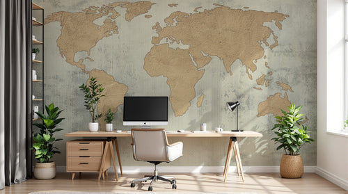 Design L0615 — Papier peint Carte monde vintage marron fond texture — Novomur