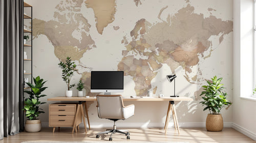 Design ZX0433 — Papier peint Carte monde detaillee beige creme — Novomur