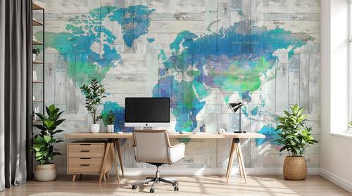 Design ZX0797 — Papier peint Carte monde aquarelle bleu fond bois (sur fiche SK0450) — Novomur