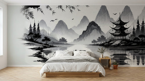 Design A0040 — Papier peint Asie Encre Noire Pagode — Novomur