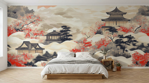 Design A0577 — Papier peint Asie Encre Noire Pagode — Novomur