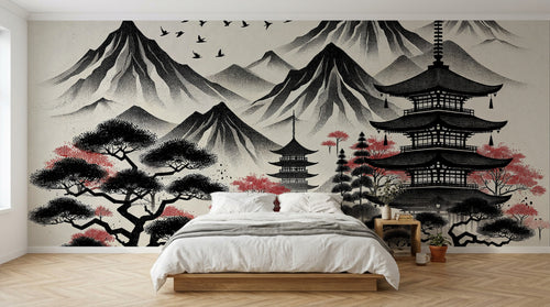 Design A0938 — Papier peint Asie Encre Noire Pagode — Novomur