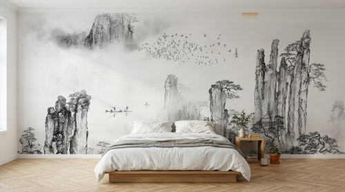 Design SK0212 — Papier peint Asie Encre Noire Pagode — Novomur