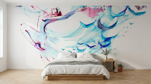 Design SL0368 — Papier peint Cygne bleu rose papillons abstrait — Novomur