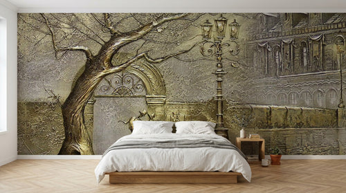 Design SL0658 — Papier peint Relief 3D arbre lampadaire ville beige — Novomur