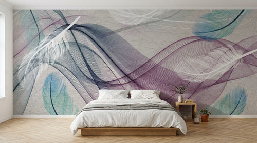 Design SL0733 — Papier peint Vagues fluides plumes bleu violet rose — Novomur