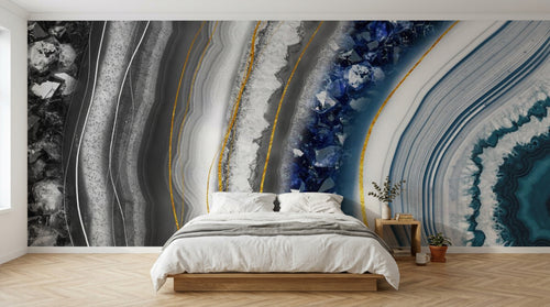 Design SL0794 — Papier peint Agate geode bleu cristaux dorees — Novomur