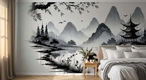 Design A0040 — Papier peint Asie Encre Noire Pagode — Novomur