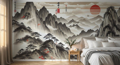Design A0147 — Papier peint Asie Encre Noire Pagode — Novomur