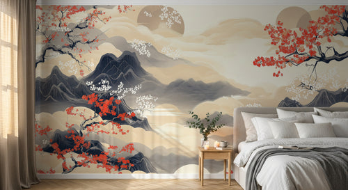 Design A0549 — Papier peint Cerisier Rouge Encre Asiatique — Novomur
