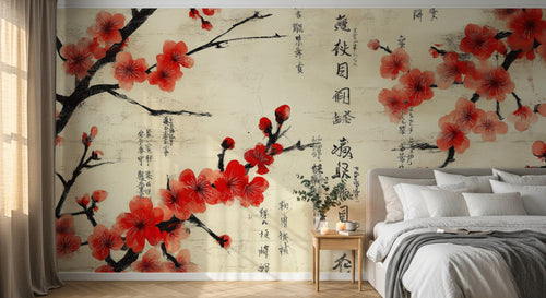 Design A0574 — Papier peint Cerisier Rouge Encre Asiatique — Novomur