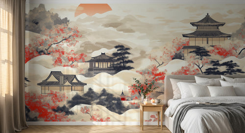 Design A0577 — Papier peint Asie Encre Noire Pagode — Novomur