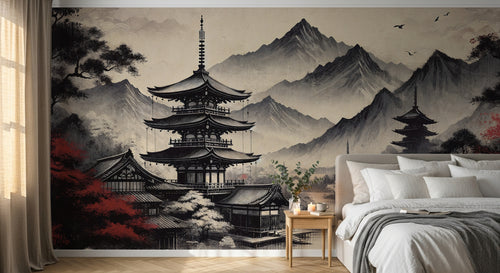 Design F0169 — Papier peint Asie Encre Noire Pagode — Novomur