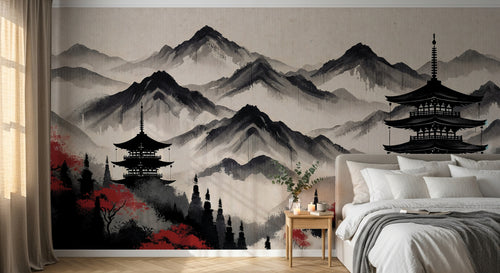Design F0171 — Papier peint Asie Encre Noire Pagode — Novomur