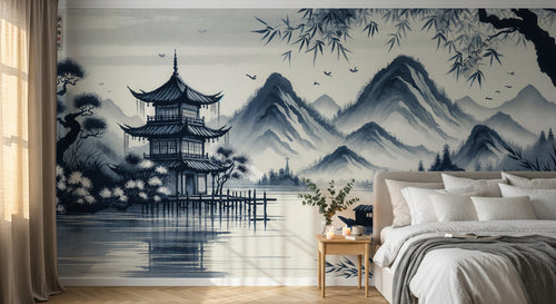 Design F0193 — Papier peint Asie Encre Bleue — Novomur