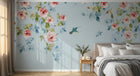 Design FC015 — Papier peint Floral romantique roses colibris fond bleu — Novomur