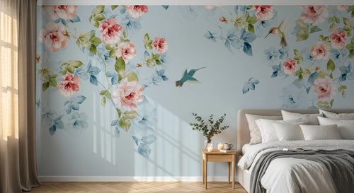 Design FC015 — Papier peint Floral romantique roses colibris fond bleu — Novomur