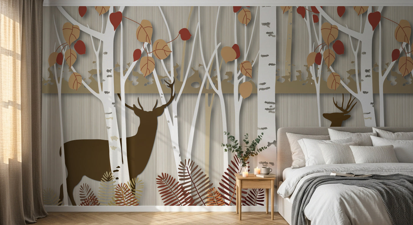 Design FC023 — Papier peint Foret bouleaux automnale cerfs — Novomur