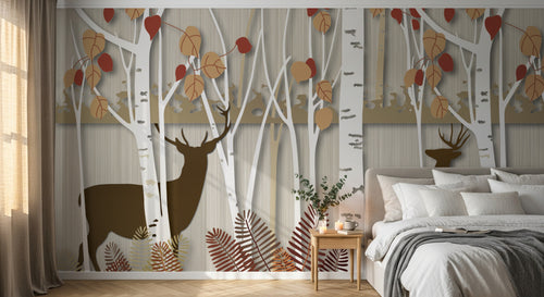 Design FC023 — Papier peint Foret bouleaux automnale cerfs — Novomur