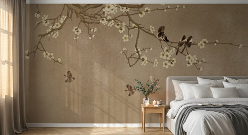 Design FC026 — Papier peint Chinoiserie prunier en fleurs et oiseaux — Novomur