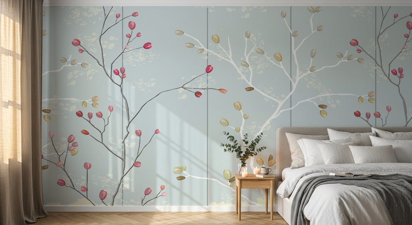Design FC121 — Papier peint Branches baies rouges fond bleu pale — Novomur