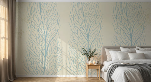 Design FC153B — Papier peint Arbres stylises corail bleu fond beige — Novomur