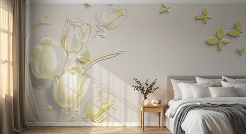 Design FC198 — Papier peint Tulipes dorees papillons fond beige — Novomur