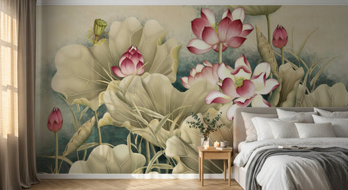 Design FC216 — Papier peint Lotus rose feuilles vert pale chinoiserie — Novomur