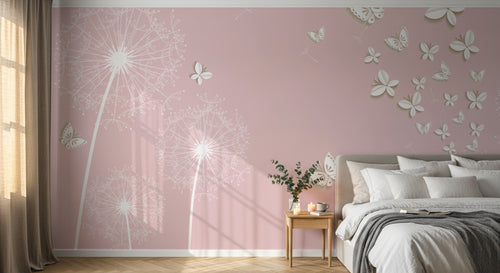 Design FC240 — Papier peint Pissenlits blancs papillons rose pale — Novomur