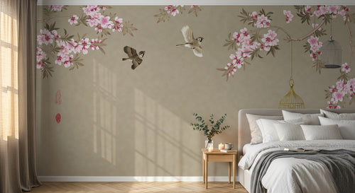 Design FC246 — Papier peint Cerisier en fleurs oiseaux et cage doree — Novomur