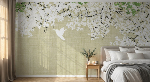 Design FC268 — Papier peint Cascade fleurs blanches vertes colibri — Novomur