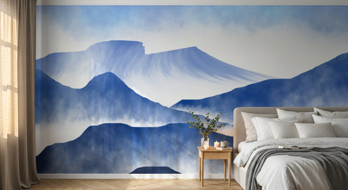 Design FC380 — Papier peint Montagnes brume bleu soleil rouge — Novomur