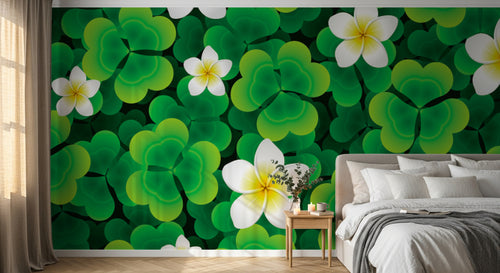 Design FC482 — Papier peint Trefles vert vif et frangipaniers blancs — Novomur