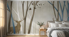 Design FC510 — Papier peint Foret cerfs et oiseaux silhouette beige bleu — Novomur