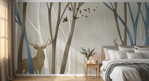 Design FC510 — Papier peint Foret cerfs et oiseaux silhouette beige bleu — Novomur