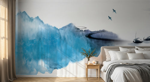 Design FC519 — Papier peint Paysage encre montagne bleue barques — Novomur