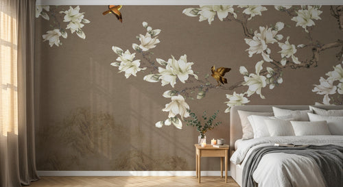 Design FC637 — Papier peint Magnolias blancs et oiseaux fond beige — Novomur