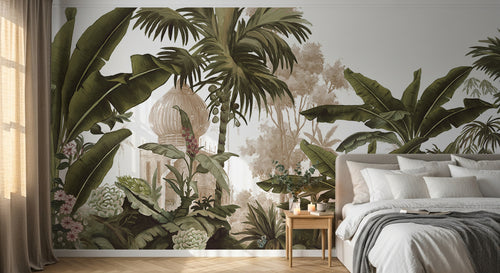 Design L0093 — Papier peint Jungle vintage palmiers et pagode — Novomur
